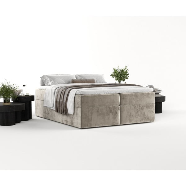 Pat boxspring maro deschis cu spațiu de depozitare 160x200 cm Yoko – Maison de Rêve-image-1