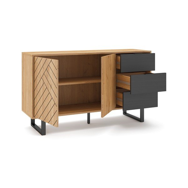 Comodă gri antracit/natural joasă cu aspect de lemn de stejar 140x80 cm Madona – Marckeric-image-4