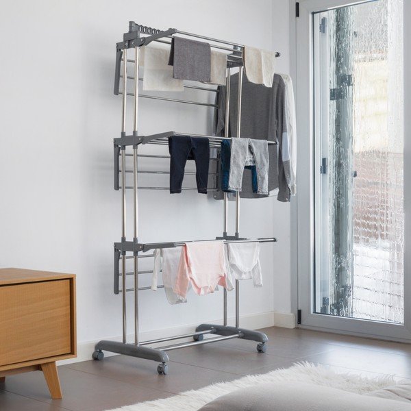 Suport cu roți pentru uscarea rufelor InnovaGoods, gri-image-4