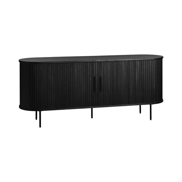 Comodă neagră joasă cu aspect de lemn de stejar cu ușă glisantă 76x180 cm Nola – Unique Furniture-image-2