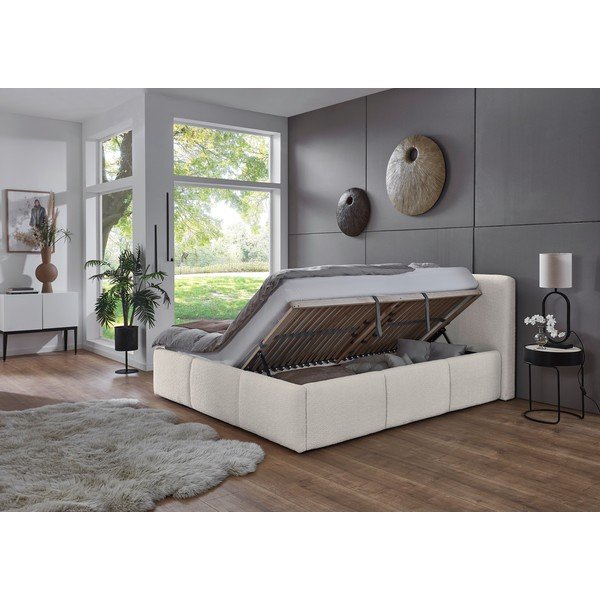 Pat matrimonial fildeș tapițat cu spațiu de depozitare cu somieră 180x200 cm Merida – Meise Möbel-image-2