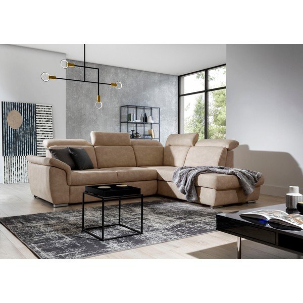 Colțar bej extensibil/cu spațiu de depozitare cu tapițerie din catifea (cu colț pe partea dreaptă/în formă de ”L”) Loreto – ELTAP-image-2