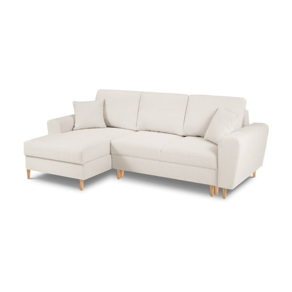 Colțar bej extensibil, cu spațiu de depozitare cu tapițerie din țesătură bouclé (cu colț pe partea stângă, cu șezlong) Kyoto – Cosmopolitan Design-image-1