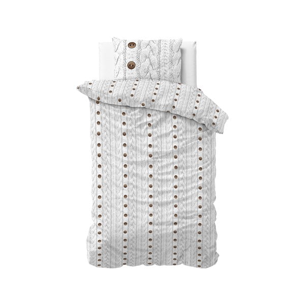 Lenjerie din flanelă pentru pat de o persoană Sleeptime Knit Buttons, 140 x 220 cm, alb