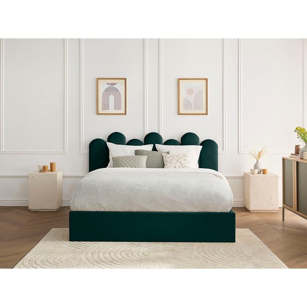 Pat matrimonial verde tapițat cu spațiu de depozitare cu somieră 160x200 cm Badja – Bobochic Paris-image-1
