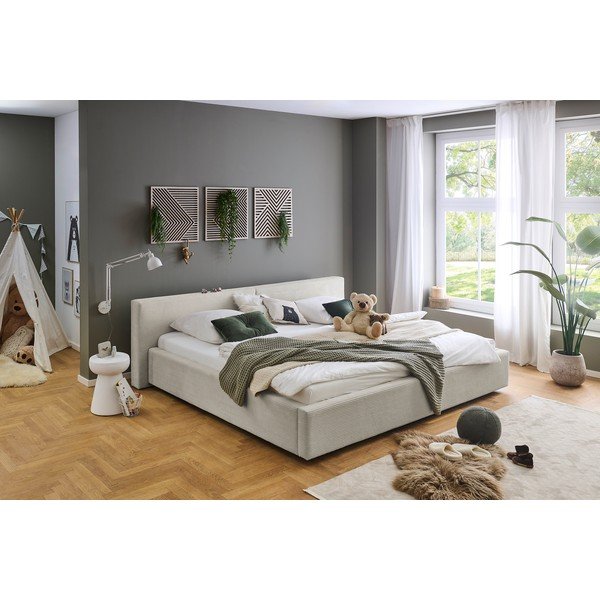 Pat matrimonial bej tapițat cu spațiu de depozitare cu somieră 200x240 cm Cube – Meise Möbel-image-1