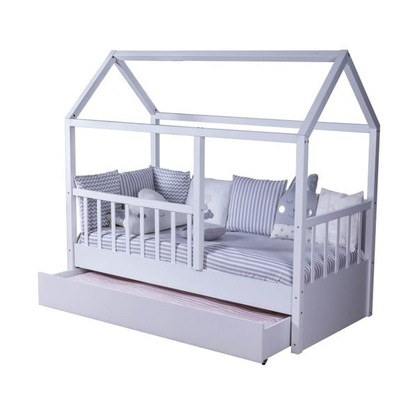 Pat dublu în formă de căsuță cu pat suplimentar extensibil pentru copii Mezzo My House, 90 x 190 cm, alb