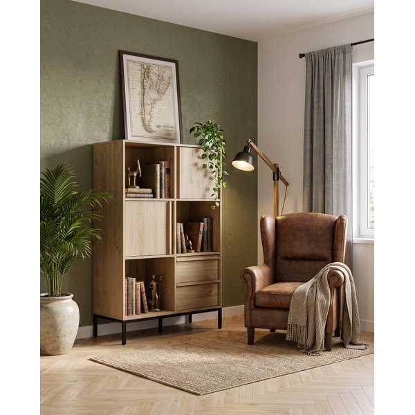 Bibliotecă în culoare naturală cu aspect de lemn de stejar 90x139x40 cm Luc – Marckeric-image-1