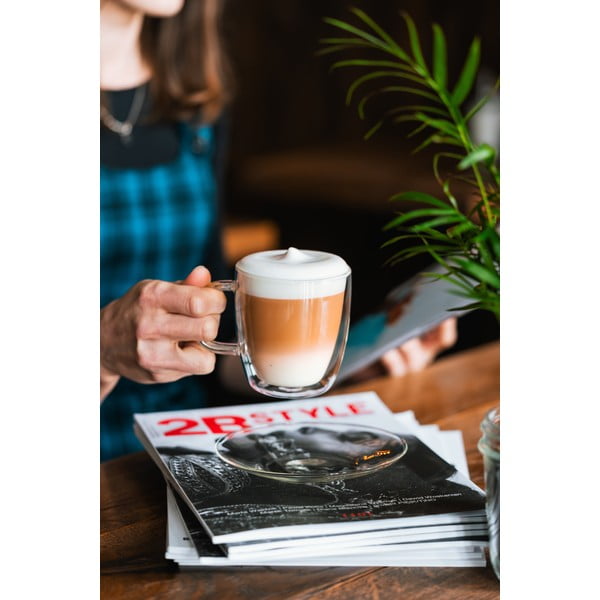 Set 2 pahare din sticlă cu perete dublu și farfurioară Vialli Design, 250 ml-image-1