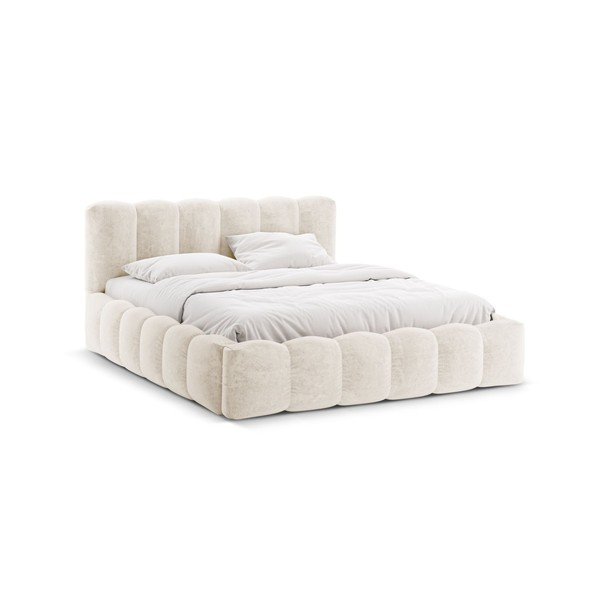 Pat matrimonial bej tapițat cu spațiu de depozitare cu somieră 140x200 cm Lupine – Micadoni 