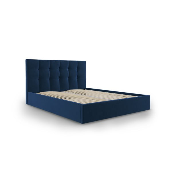 Pat matrimonial 160x200 cm albastru închis tapițat cu spațiu de depozitare cu somieră Nerin – Mazzini Beds