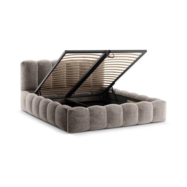 Pat matrimonial maro deschis tapițat cu spațiu de depozitare cu somieră 160x200 cm Lupine – Micadoni Home-image-2