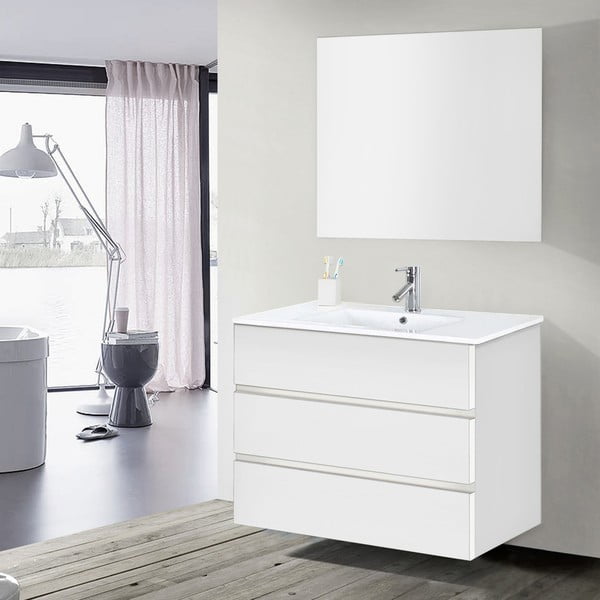 Dulăpior baie cu lavoar și oglindă Nayade, nuanță de alb, 100 cm