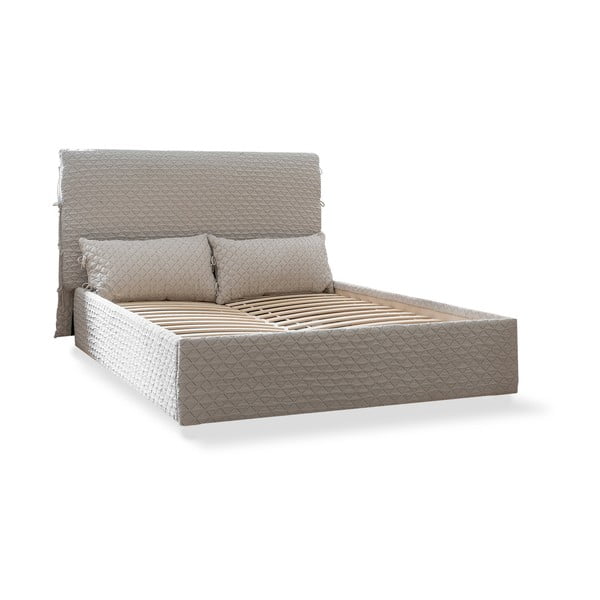 Pat matrimonial bej tapițat cu spațiu de depozitare și somieră 140x200 cm Sleepy Luna – Miuform-image-2