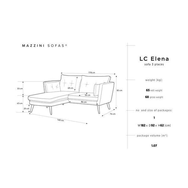 Canapea cu 3 locuri Mazzini Sofas Elena, cu șezlong pe partea stângă, gri deschis-image-2