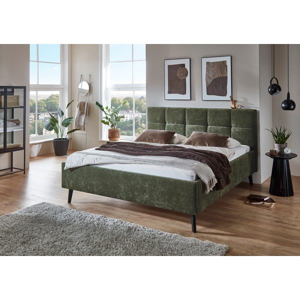 Pat matrimonial kaki tapițat cu spațiu de depozitare cu somieră 180x200 cm Nova – Meise Möbel-image-1