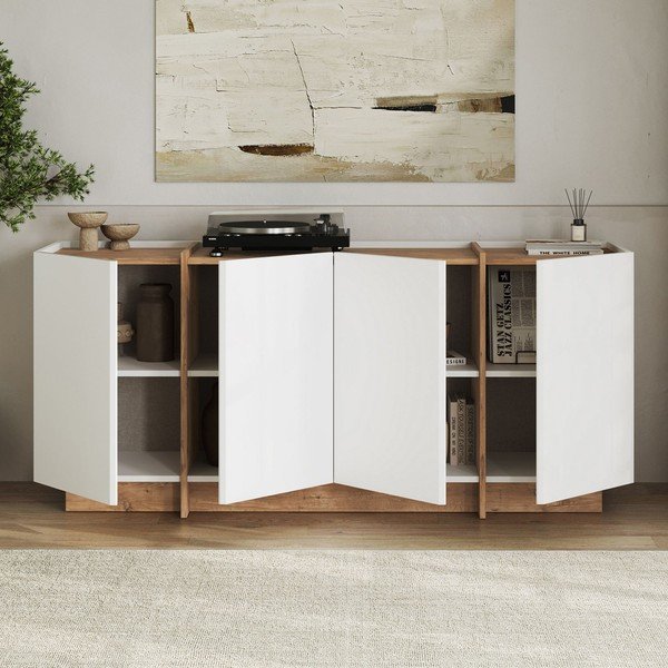 Comodă albă cu aspect de lemn de pin cu orificiu pentru cabluri 180x80x45 cm Dorma – Kalune Design-image-2