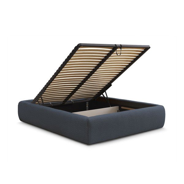 Pat matrimonial albastru închis tapițat cu spațiu de depozitare/fără tăblie cu somieră 160x200 cm Inera – Bobochic Paris-image-3