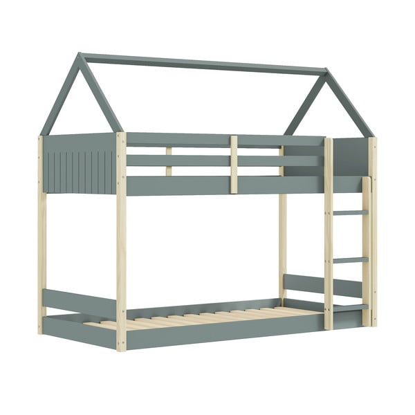 Pat pentru copii  în culoare naturală/verde prăfuit de tip casă/supraetajat cu somieră 90x190 cm Valka – Marckeric