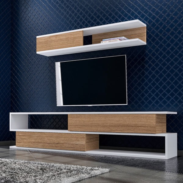 Set comodă TV și raft de perete cu aspect de lemn de nuc Furny Home Manyetik, alb-image-1