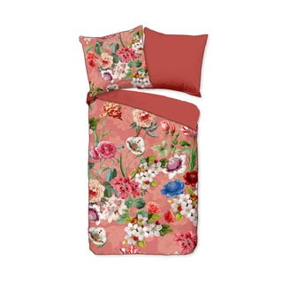 Lenjerie de pat din bumbac organic pentru pat dublu Descanso Flowery, 200 x 220 cm, portocaliu