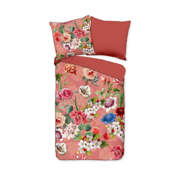 Lenjerie de pat din bumbac organic pentru pat dublu Descanso Flowery, 200 x 200 cm, portocaliu