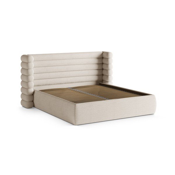 Pat matrimonial bej tapițat cu spațiu de depozitare cu somieră 200x200 cm Mount – Micadoni -image-3