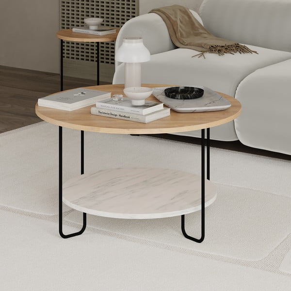 Măsuță de cafea în culoare naturală rotundă cu blat cu aspect de lemn de stejar ø 80 cm Tonka – Marckeric-image-4