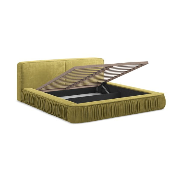 Pat dublu tapițat galben cu spațiu de depozitare cu grilă 180x200 cm Keoni - Makamii-image-4