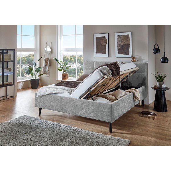 Pat matrimonial gri tapițat cu spațiu de depozitare cu somieră 180x200 cm Nova – Meise Möbel-image-1
