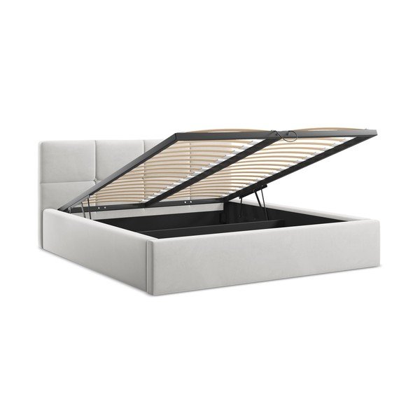 Pat matrimonial gri deschis tapițat din catifea cu spațiu de depozitare cu somieră 140x200 cm Hiko – Makamii-image-2