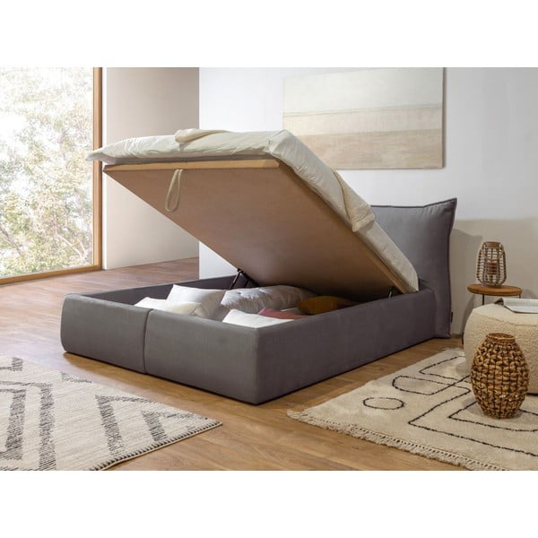 Pat matrimonial 160x200 cm gri închis tapițat cu spațiu de depozitare cu somieră Jade – Bobochic Paris-image-4