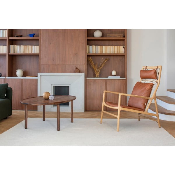 Fotoliu cu structură din lemn masiv de stejar şi șezut din piele bivol Gazzda Dedo, maro cognac-image-1