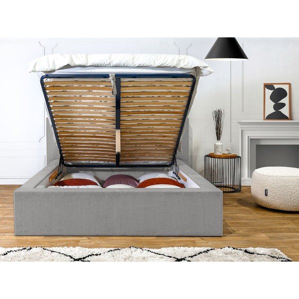 Pat matrimonial gri deschis tapițat cu spațiu de depozitare cu somieră 160x200 cm Nihad – Bobochic Paris-image-4