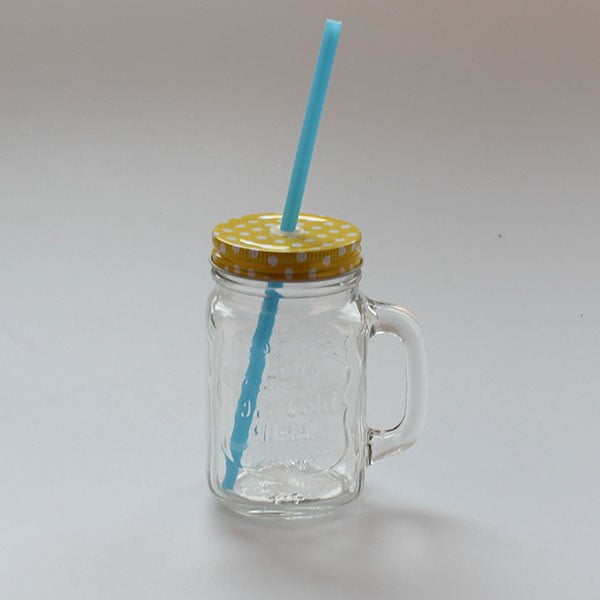 Cană din sticlă cu pai și capac Dakls, 450 ml, galben - albastru