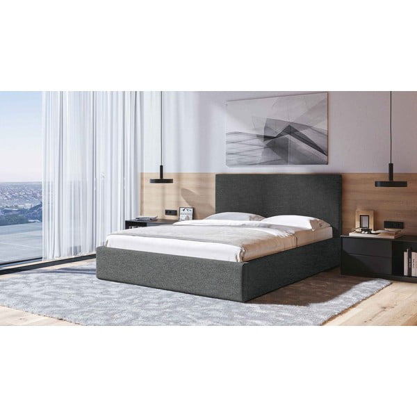 Pat matrimonial gri antracit tapițat cu spațiu de depozitare cu somieră 180x200 cm Bufo – MESONICA-image-1
