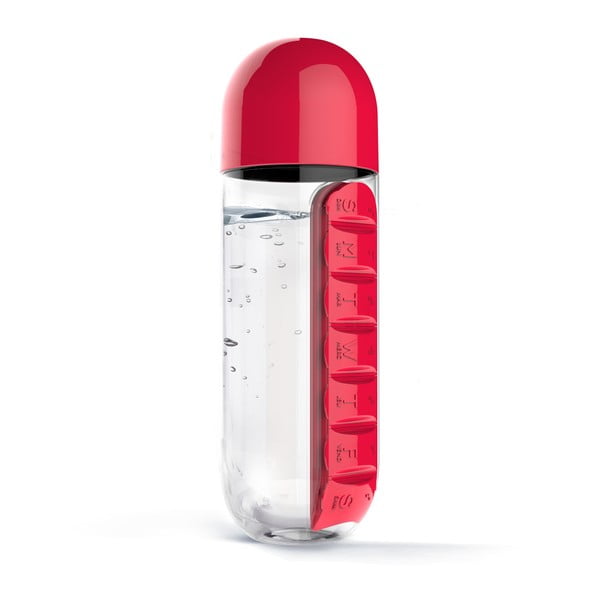 Sticlă cu organizator medicamente integrat Asobu In Style Red, 600 ml