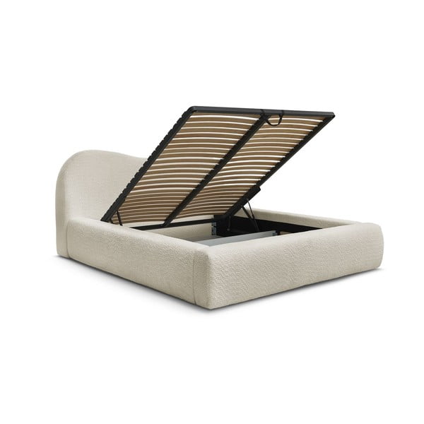 Pat matrimonial bej tapițat cu spațiu de depozitare cu somieră 180x200 cm Orlane – Bobochic Paris-image-3