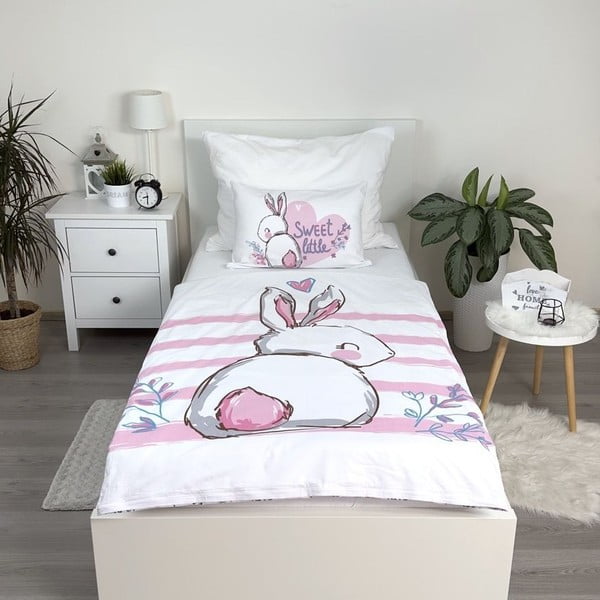 Lenjerie de pat pentru copii albă-roz din bumbac pentru pătuț 100x135 cm Bunny "Sweet" – Jerry Fabrics-image-2