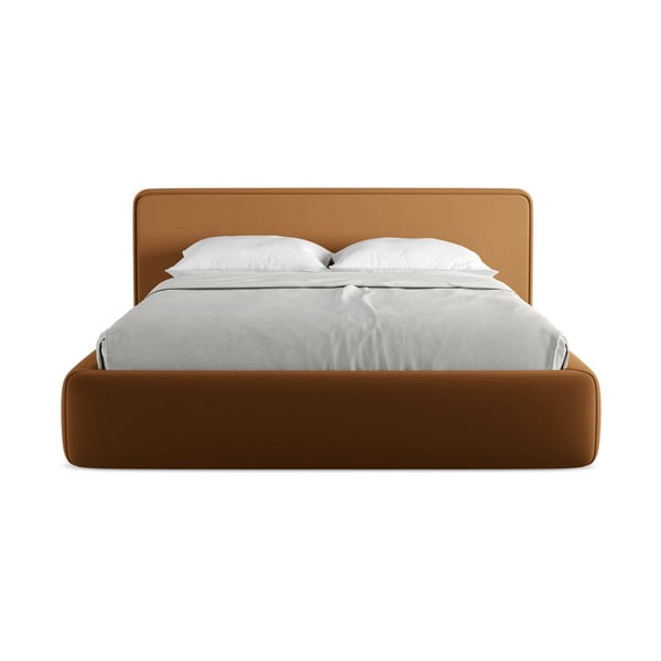 Pat matrimonial teracotă tapițat cu spațiu de depozitare cu somieră 160x200 cm Kiana – Makamii-image-4