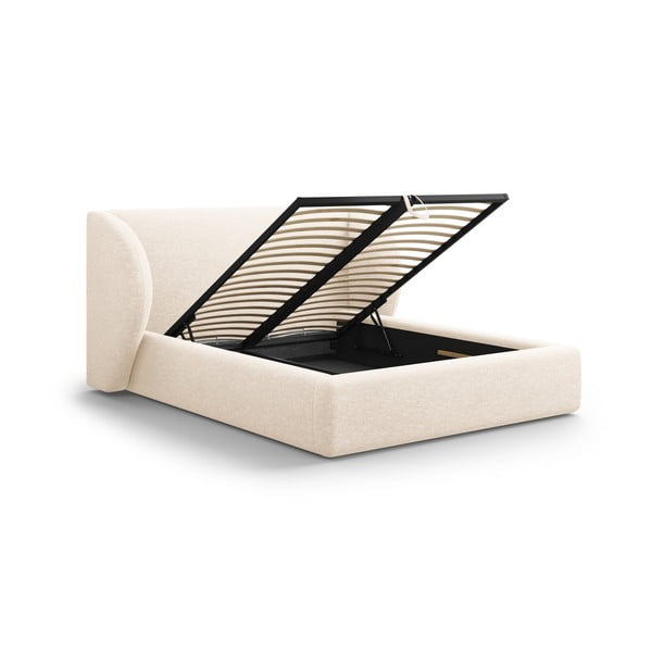 Pat matrimonial crem tapițat cu spațiu de depozitare cu somieră 160x200 cm Miley – Micadoni -image-3