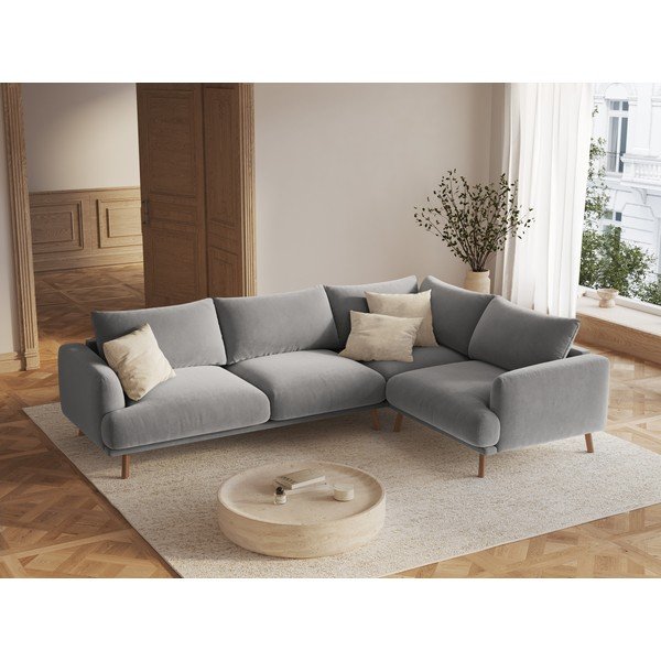 Colțar gri cu tapițerie din catifea (cu colț pe partea dreaptă/în formă de ”L”) Naomi – Micadoni -image-1