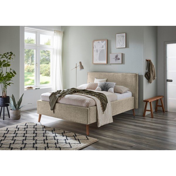 Pat matrimonial bej tapițat cu spațiu de depozitare cu somieră 140x200 cm Riva – Meise Möbel-image-1