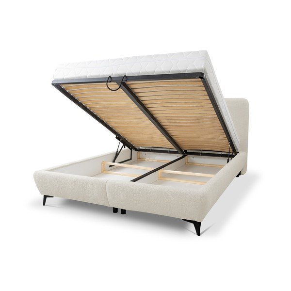 Pat matrimonial bej tapițat cu spațiu de depozitare cu somieră 160x200 cm Makapu – Makamii-image-1