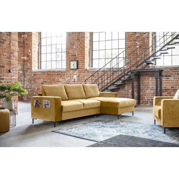 Colțar extensibil din catifea cu șezlong pe partea dreaptă Miuform Lofty Lilly, galben muștar-image-3