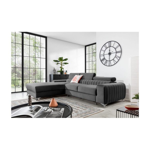 Colțar gri închis extensibil/cu spațiu de depozitare cu tapițerie din catifea (cu colț pe partea stângă/cu șezlong) Grayson – ELTAP-image-1