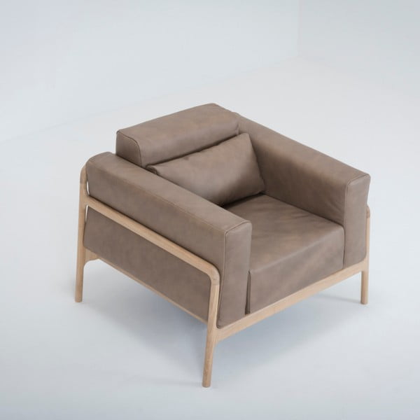 Fotoliu din piele bovină cu structură din lemn masiv de stejar Gazzda Fawn, maro deschis-image-1