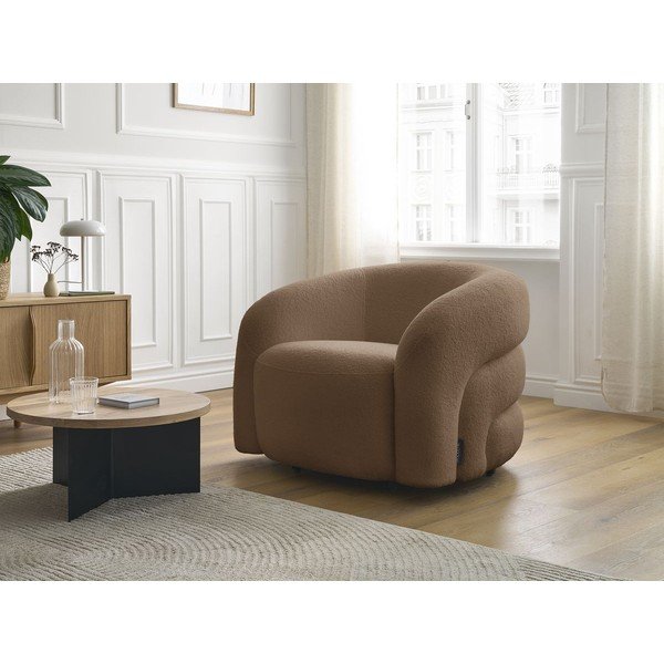 Fotoliu maro pivotant cu tapițerie din țesătură bouclé Elina – Bobochic Paris-image-1