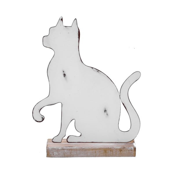 Decorațiune mică din metal cu suport din lemn Ego Dekor, 15 x 19,5 cm, pisică, alb
