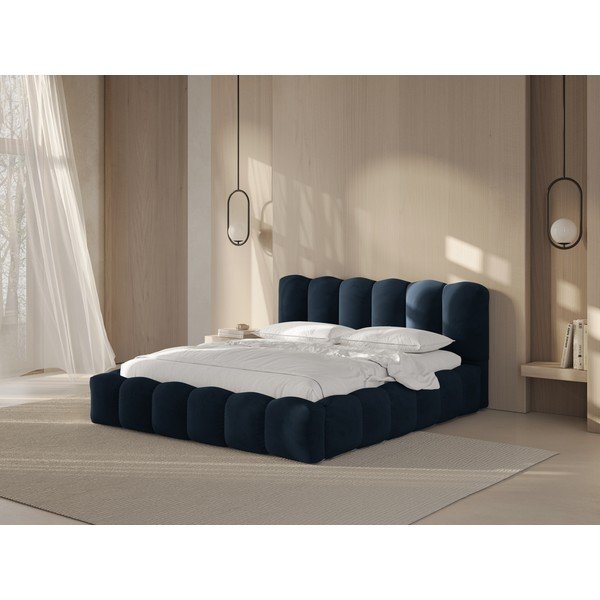Pat matrimonial albastru închis tapițat cu spațiu de depozitare cu somieră 180x200 cm Lupine – Micadoni -image-1
